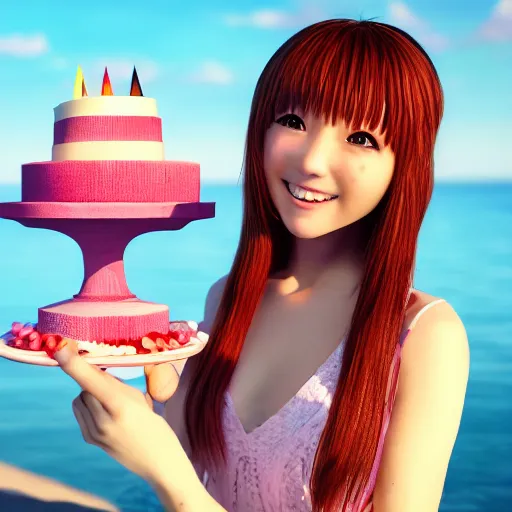 Image similar to Render of a beautiful 3d anime woman holding a birthday cake to show the camera, long light pink hair, full bangs, hazel eyes, cute freckles, full round face, smug smile, Chinese heritage, cute checkerboard sundress, golden hour, serene beach setting, medium shot, mid-shot, hyperdetailed, trending on Artstation, Unreal Engine 4k