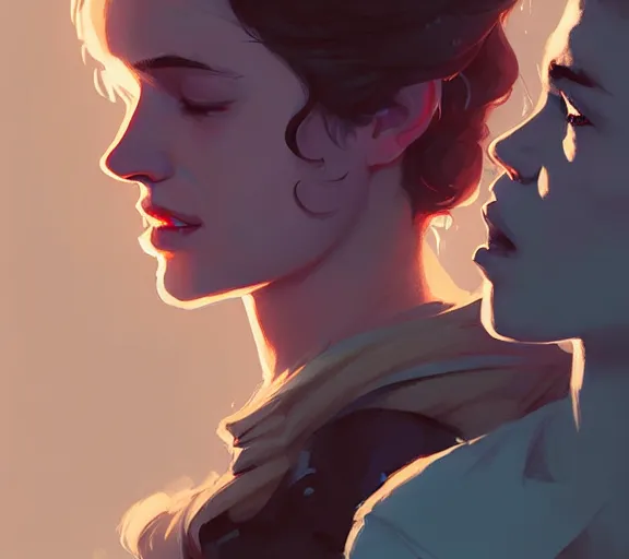 Image similar to portrait of jon kissing sansa by atey ghailan, by greg rutkowski, by greg tocchini, by james gilleard, by joe fenton, by kaethe butcher, dynamic lighting, gradient light blue, brown, blonde cream and white color scheme, grunge aesthetic