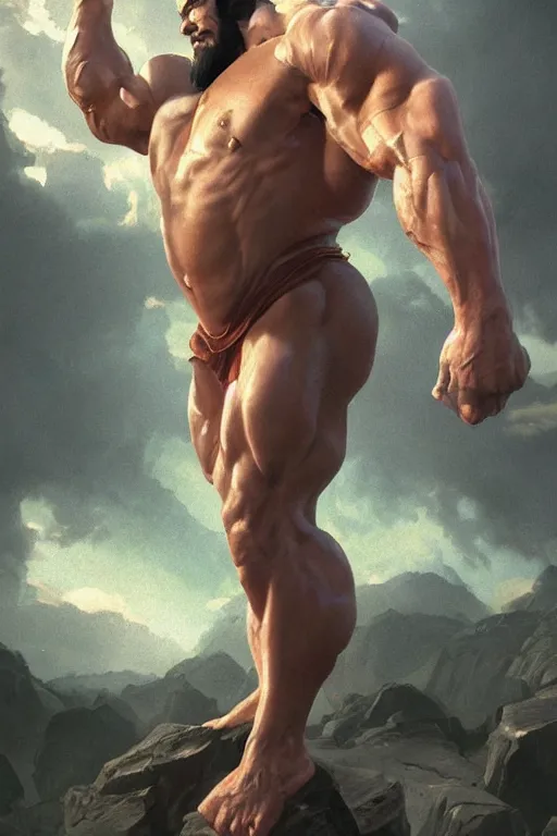 Image similar to upper body portrait of a hulking bulky swole steroids musclebound huge bodybuilder muscular herculean chiseled jesus christ, cinematic lighting, photorealistic, octane render, 8 k, depth of field, 3 d, art by artgerm and greg rutkowski and alphonse mucha and uang guangjian and gil elvgren and sachin ten