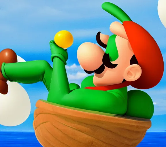 Prompt: luigi floating on an egg over the sea