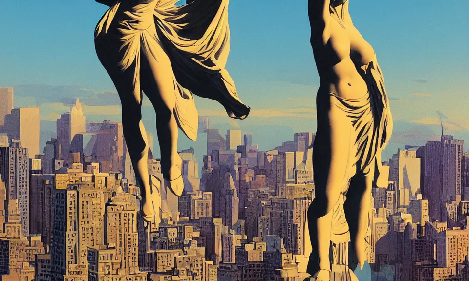 Prompt: digital painting of of a massive greek sculpture a beautiful massive female statue surrounded hovering over the new york skyline, by syd mead and jack kirby, color scheme, kirby crackle, concept art