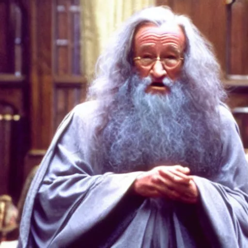 Image similar to Robin Williams playing Dumbledore in Harry Potter, screenshot