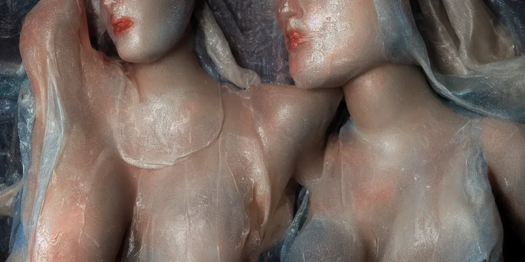 Prompt: beatufull women figure made from wax and wrapped in wet silk, underwater. volumetric lighting