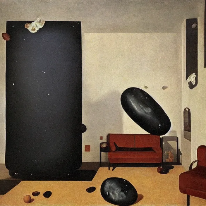 Image similar to the giant boulder, dark obsidian rock of ages filling up the interior of a mid - century modern home. painting by hammershoi, karel thole, bonnard, bekinski