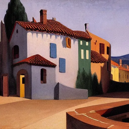 Prompt: A Spanish village. By Carl Gustav Carus, Edward Hopper. Symetrical, logo, geometric shapes.