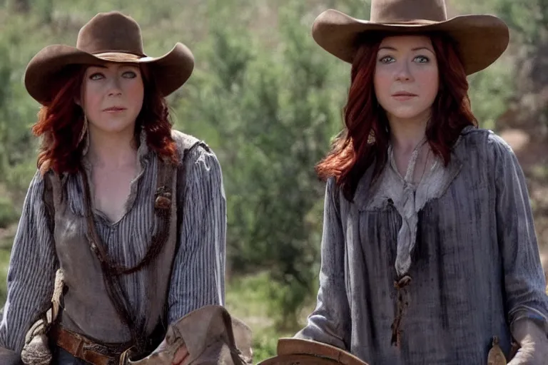 Image similar to screenshot from western movie, with young alyson hannigan