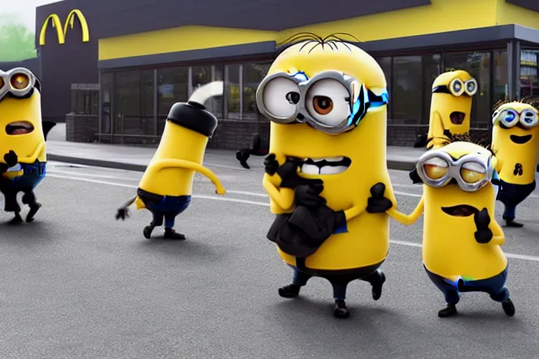 Image similar to minions fighting outside of a mcdonalds