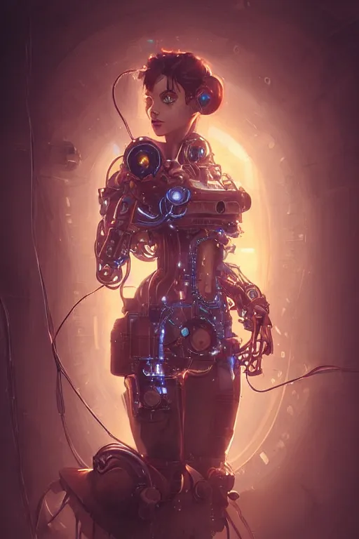 Image similar to portrait of a steampunk girl with mechanical parts and neon light by Artgerm and Greg Rutkowski , digital painting, highly detailed, trending on artstation