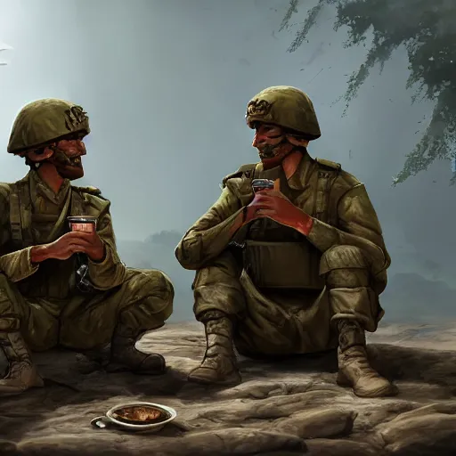 Prompt: two soldiers drinking tea in a battlefield, award winning, trending on artstation, unreal engine