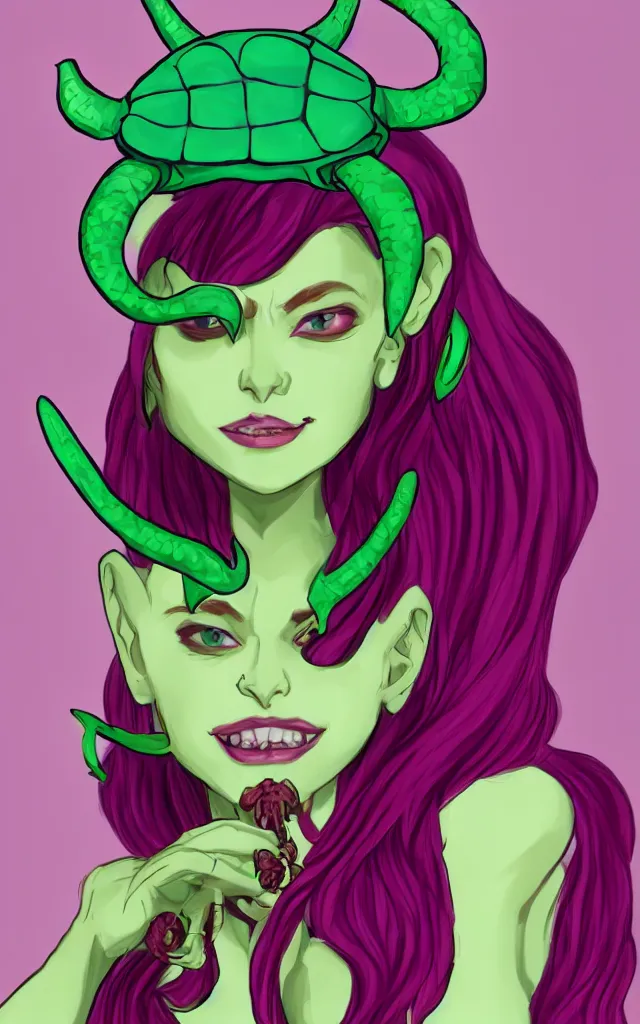 Prompt: portrait of an orchid colour skinned tiefling girl with sea turtle green straight horns, crimson hair and shifty lime green eyes and playful smile