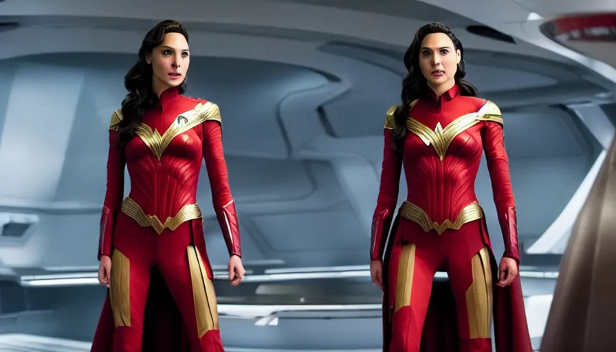 Image similar to Gal Gadot, wearing command red, is the captain of the starship Enterprise in the new Star Trek movie