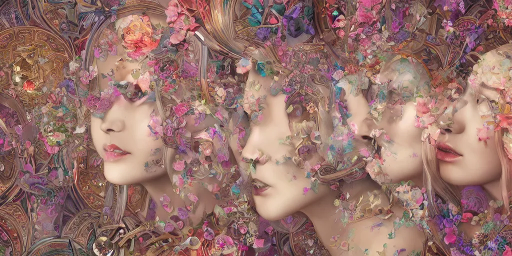 Image similar to breathtaking detailed concept art painting kaleidoscope art deco pattern of blonde faces goddesses amalmation flowers, by hsiao - ron cheng, bizarre compositions, exquisite detail, extremely moody lighting, 8 k