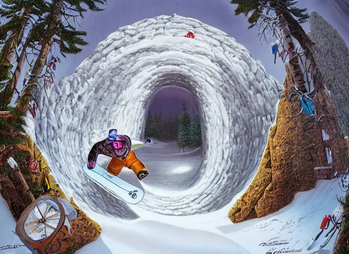 Image similar to a snowboard downhill that takes to a portal to another dimension, lowbrow, matte painting, 3 - d highly detailed, in the style of mark ryden,
