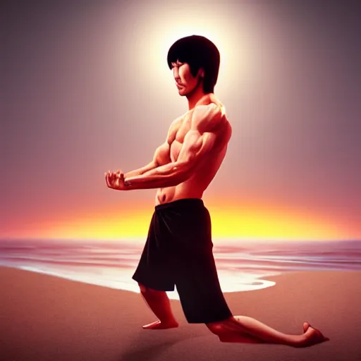 Image similar to bruce lee meditating on beach, extremely detailed, artstation, 8 k, sensual lighting, incredible art, wlop, artgerm