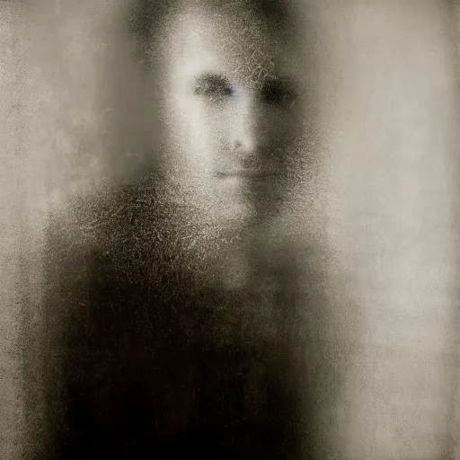 Image similar to A double exposure of a 4x5 styled portrait of a man coupled with an abstract oil-on-canvas painting, bokeh, shallow depth of field, black & white, dreamy, fog