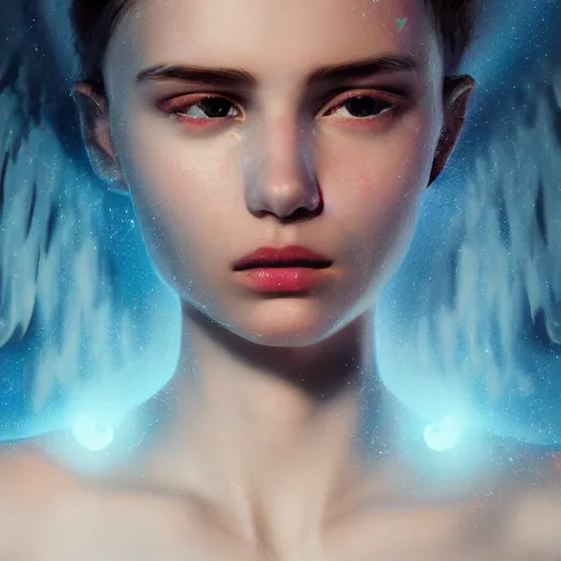 Image similar to portrait art of female angel, art by alessio albi 8 k ultra realistic, angel wings, lens flare, atmosphere, glow, detailed, intricate, full of colour, led lighting, trending on artstation, 4 k, hyperrealistic, focused, extreme details, unreal engine 5, masterpiece