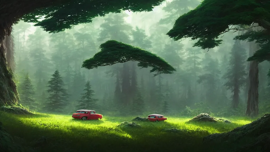 Image similar to forest clearing landscape, studio ghibli, pixar and disney animation, sharp, rendered in unreal engine 5, highly detailed, digital painting, artstation, concept art, smooth, sharp focus, illustration, wide angle, artbook, wallpaper, splash art, promo art, dramatic lighting, art by artgerm and greg rutkowski and bo chen and jin xiaodi