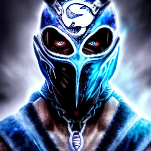 Prompt: a portrait of Sub Zero ,Grim fantasy, Mortal Kombat, blue aura, cold ice spark , HDR, natural light, shoulder level shot, dynamic pose, award winning photograph, Mucha style, 4k,