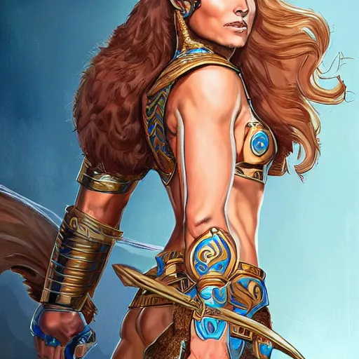 Image similar to portrait of hippolyta queen of the amazons, a tall beautiful dignified woman with tanned skin and blue eyes dressed in hellenistic greek armour, high detailed, intricate, elegant, smooth, sharp focus, artstation, art by jordan nelsen and helena nikulina,
