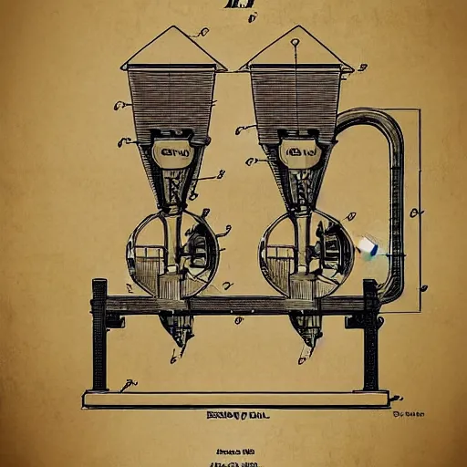 Prompt: plans for a horse - drawn coffee mill in the style of thomas edison. patent filing. detailed. hd