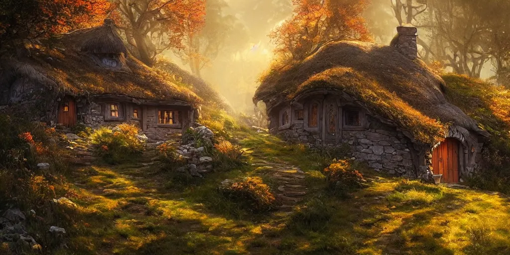 Image similar to a hobbit cottage on top of a steep hill, greg rutkowski, zabrocki, moebius, karlkka, jayison devadas, highly detailed, autumn sunlights, smoky atmosphere, ( ray of sunlight ), trending on artstation, 8 k, ultra wide angle, zenith view, pincushion lens effect