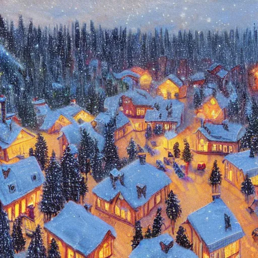 Prompt: a christmas village, aerial view, wide angle, snowing, pine trees, victorian era, 8 k, high detail, oil painting