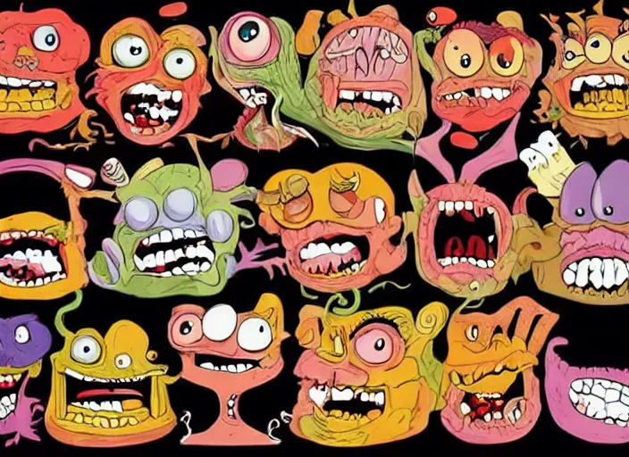 Image similar to aaahh!!! real monsters messy food fight, detailed facial expressions