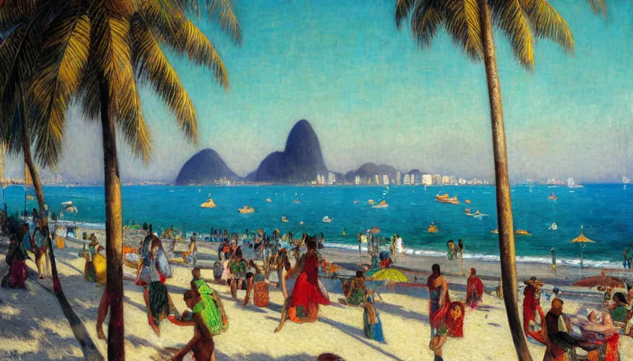 Image similar to a ultradetailed beautiful painting of the luxurious beautiful utopian futuristic rio de janeiro designed by jules bastien - lepage, tarsila do amaral, frank weston and gustave baumann, beach, trending on artstation, mediterranean, palm trees, sharp focus, colorful refracted sparkles and lines, soft light, 8 k 4 k