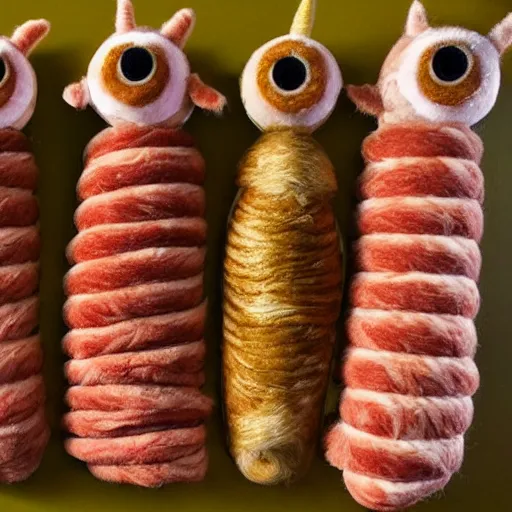 Image similar to photo of long furbies made of meat intertwining