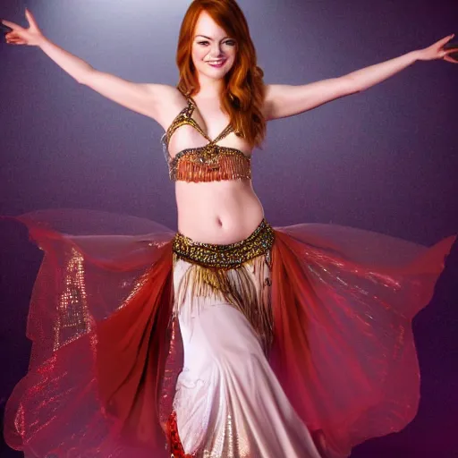 Image similar to a full body shot of emma stone as a belly dancer, arabian night, high quality, fully detailed, 4 k