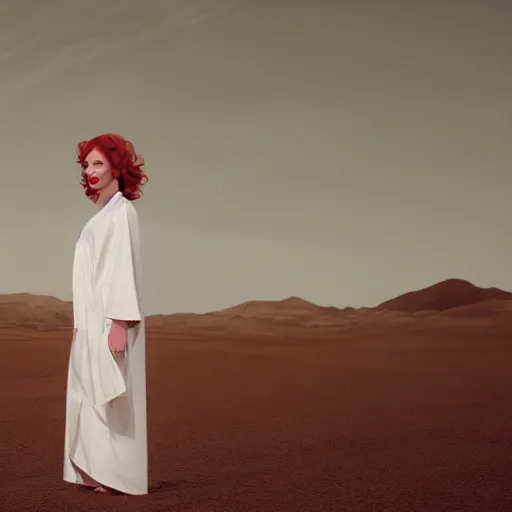 Image similar to symmetry!! christina hendricks!!! full frontal body photography of skinny christina hendricks in white robes standing in the desert, blushing, red - cheeks!!, dim volumetric cinematic lighting, 8 k, detailed - face!!, red lips, post - processing, extremely hyper - detailed, intricate, epic composition, masterpiece, stunning, leica sl 2 5 0 mm