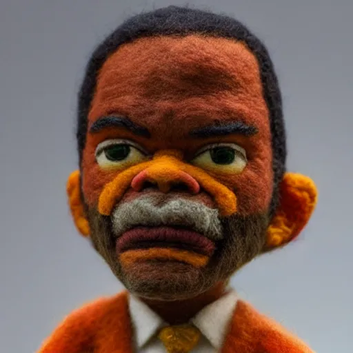 Image similar to needle felted Samuel L Jackson as Jules in Pulp Fiction (1994), highly detailed, tilt shift, cool, hyperrealism, highly textured, god rays