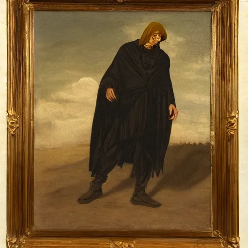 Prompt: a man wearing long dark shadowy cloak, golden chains, face covered by shadow, oil painting, high detail