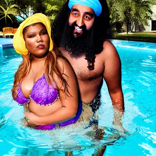 Image similar to osama bin laden and lizzo in a pool