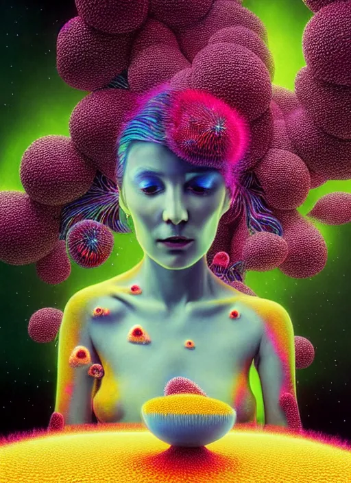 Image similar to hyper detailed 3d render like a Oil painting - Aurora (Singer) seen Eating of the Strangling network of yellowcake aerochrome and milky Fruit and Her delicate Hands hold of gossamer polyp blossoms bring iridescent fungal flowers whose spores black out the foolish failing stars by Jacek Yerka, Mariusz Lewandowski, Houdini algorithmic generative render, Abstract brush strokes, Masterpiece, Edward Hopper and James Gilleard, Zdzislaw Beksinski, Mark Ryden, Wolfgang Lettl, hints of Yayoi Kasuma, octane render, 8k