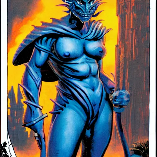 Image similar to half length portrait of a medieval d & d fantasy nerdy anthropomorphic blue dragon - headed - human hybrid with electrcity magic, comic book cover art photo by phil noto, frank miller, hr giger, alex ross, glenn fabry