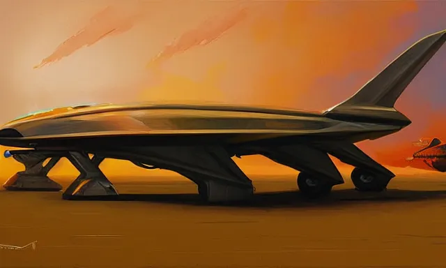 Prompt: spaceship in a hangar by rhads