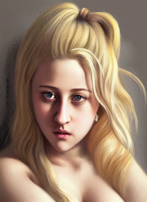 Image similar to full body portrait, teenage lili reinhart, blonde hair, obese, bangs, ponytail, sultry, realistic, sultry smirk, fluffy bangs, curly bangs, fat, belly, intricate, elegant, highly detailed, digital painting, artstation, concept art, smooth, sharp focus, illustration, art by wlop, mars ravelo and greg rutkowski