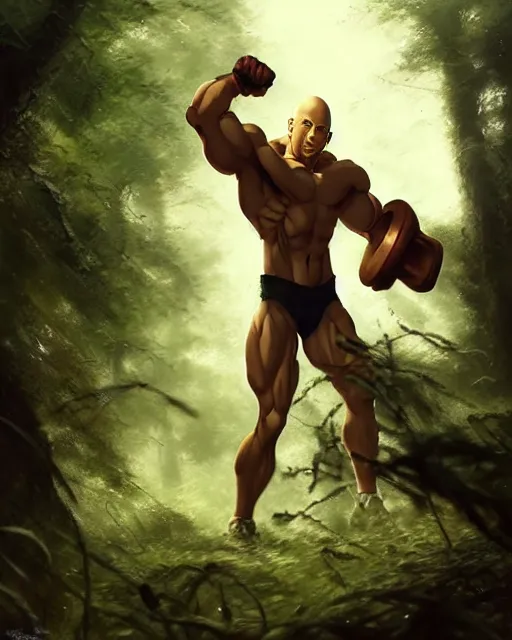 Prompt: gigachad luigi bodybuilder fighting like saitama in forest, fantasy character portrait, ultra realistic, anime key visual, full body concept art like vin diesel, intricate details, highly detailed by greg rutkowski, ilya kuvshinov, gaston bussiere, craig mullins, simon bisley