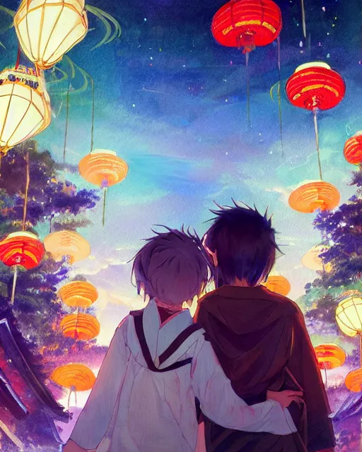 Image similar to beautiful anime painting of a boy and a girl from behind at a shinto shrine looking up at the night sky illuminated by colorful new years fireworks, by WLOP and Slawek Fedorczuk and rossdraws, trending on artstation, concept art