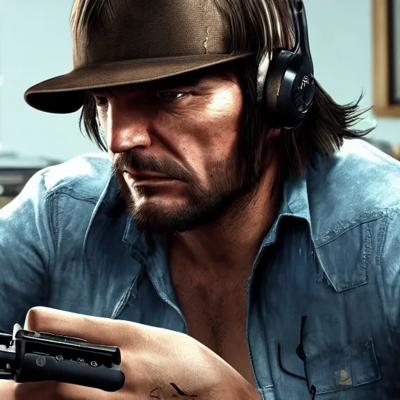 Image similar to john marston in his bedroom, playing pc games with gaming headphones on, photograph