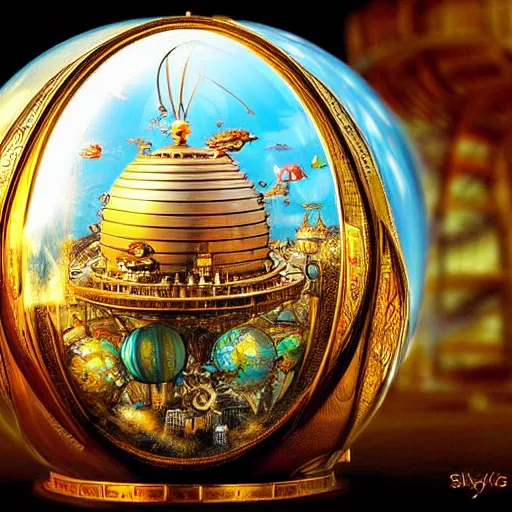 Image similar to enormous flying city in a faberge egg, sky, steampunk, fantasy art, masterpiece