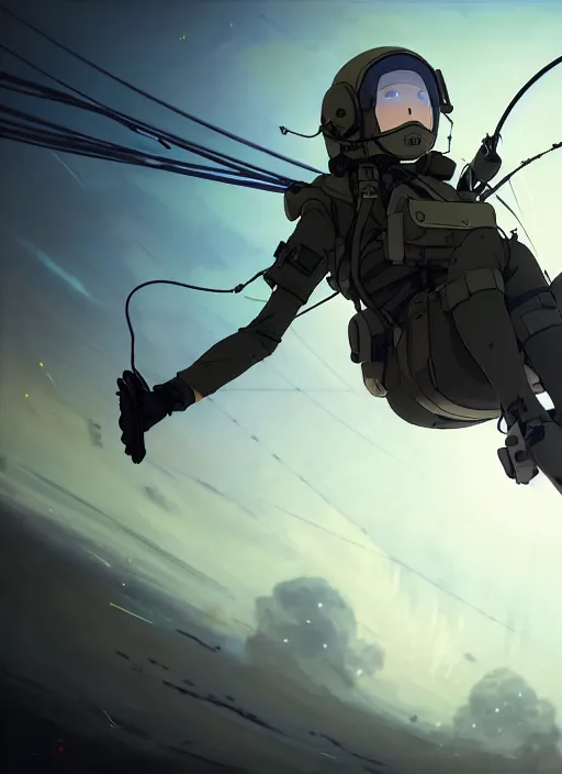 Prompt: portrait of pilot girl parachuting behind enemy lines, black sky background, chaotic landscape, illustration concept art anime key visual trending pixiv fanbox by wlop and greg rutkowski and makoto shinkai and studio ghibli and kyoto animation, kaki body suit, wires, halo, short body, oxygen mask and helmet, military gear, grimdark, volumetric lighting