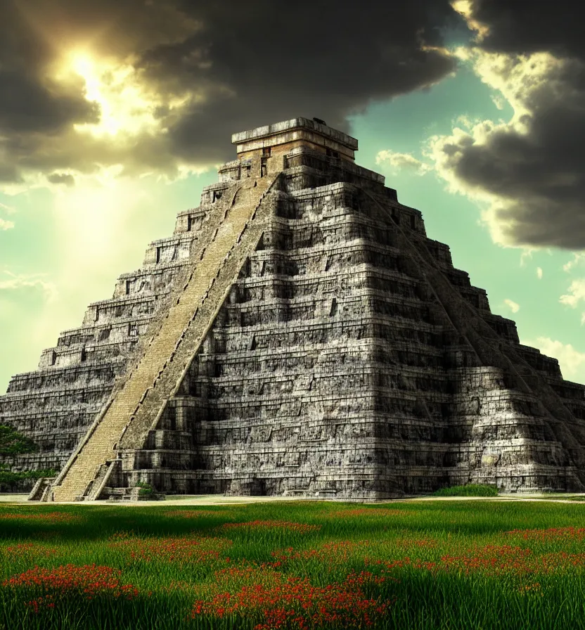 Image similar to environment of multiple detailed complex fractal architecture mayan pyramids in a vast garden wildflower landscape that meets the ocean, by glenn small, by albert bierstadt photorealism, hyper realism, octane render, unreal engine, volumetric light, depth of field, volumetric clouds, god rays, lens flares, detailed, intricate, twin motion, megascan, high resolution, realistic render