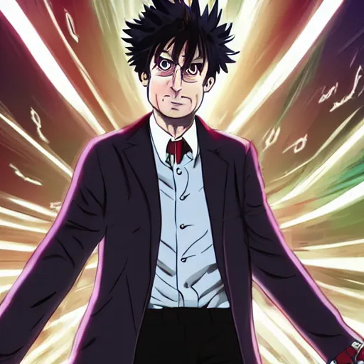 Prompt: the Tenth Doctor running towards the camera in the style of Boko No Hero Academia