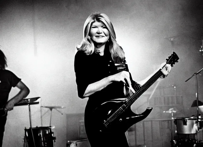 Image similar to publicity photo still of martha stewart in a swedish doom metal band playing live on stage, 8 k, live concert lighting, mid shot