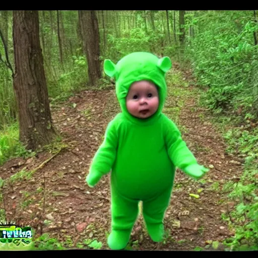 Prompt: trailcam footage of the green teletubbie