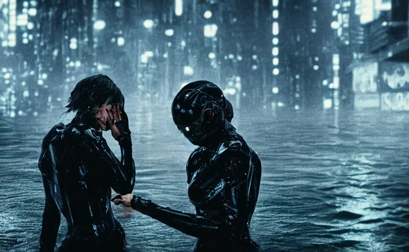 Image similar to cinestill 5 0 d candid photographic portrait by steven spielberg of two loving female androids sobbing wearing rugged black mesh techwear in treacherous waters, flooded city, medium closeup, retrofuturism cyberpunk moody emotional cinematic, pouring iridescent rain bright spotlight helicopter, 8 k, hd, high resolution, 3 5 mm, f / 3 2, ultra realistic faces, ex machina