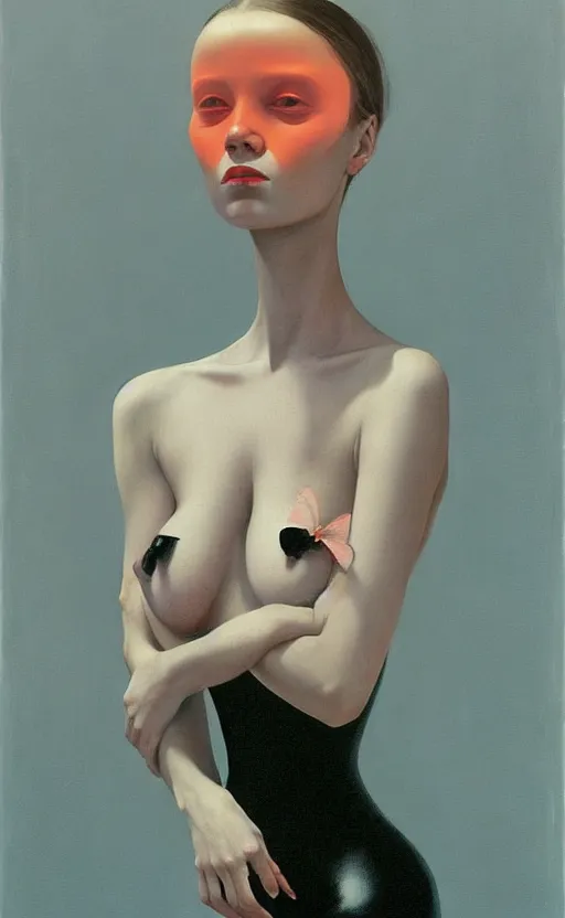 Image similar to portrait of a girl with tight black latex dress, Edward Hopper and James Gilleard, Zdzislaw Beksinski, Mark Ryden, Wolfgang Lettl highly detailed