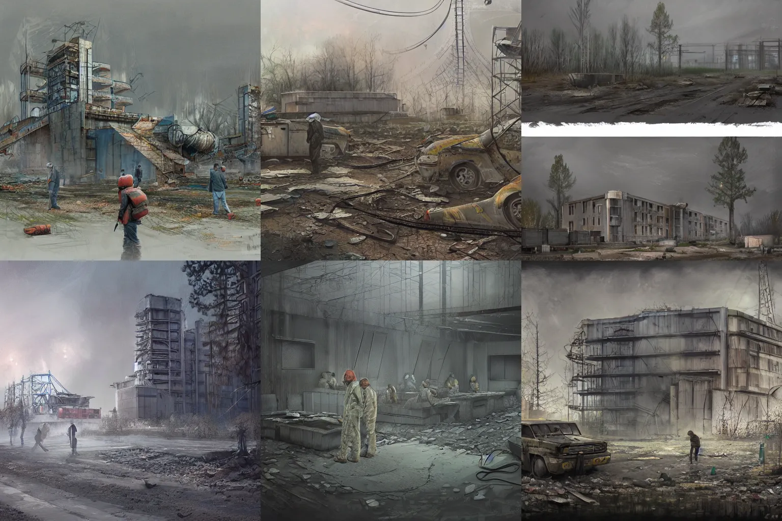 Prompt: liquidators in chernobyl, concept art by Dave Melvin, highly detailed, ultra detailed, ultra realistic, trending on artstation